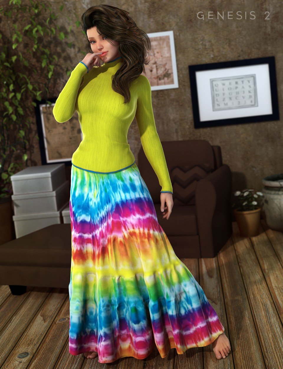 Hippie Chick Outfit for Genesis 2 Female(s) + Textures_DAZ3D下载站