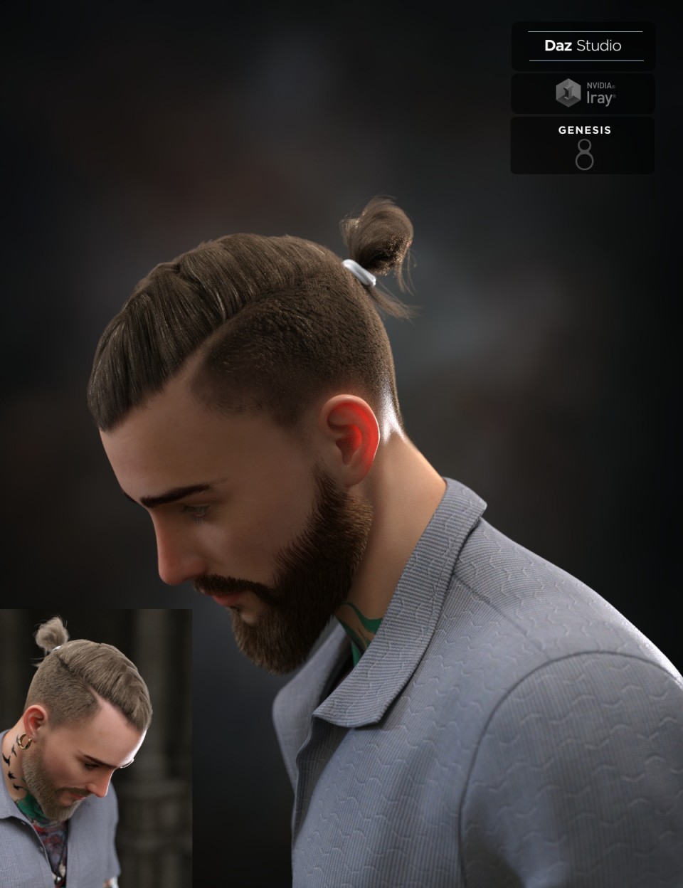 Koryan Top Braid Hair and Beard Set for Genesis 8 Male(s)_DAZ3D下载站
