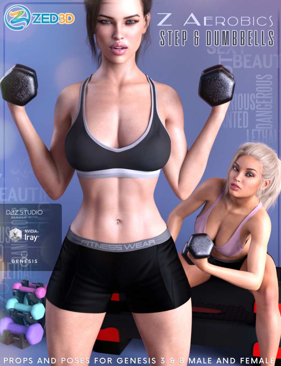 Z Aerobics Step & Dumbbells Props and Poses for Genesis 3 and 8_DAZ3D下载站