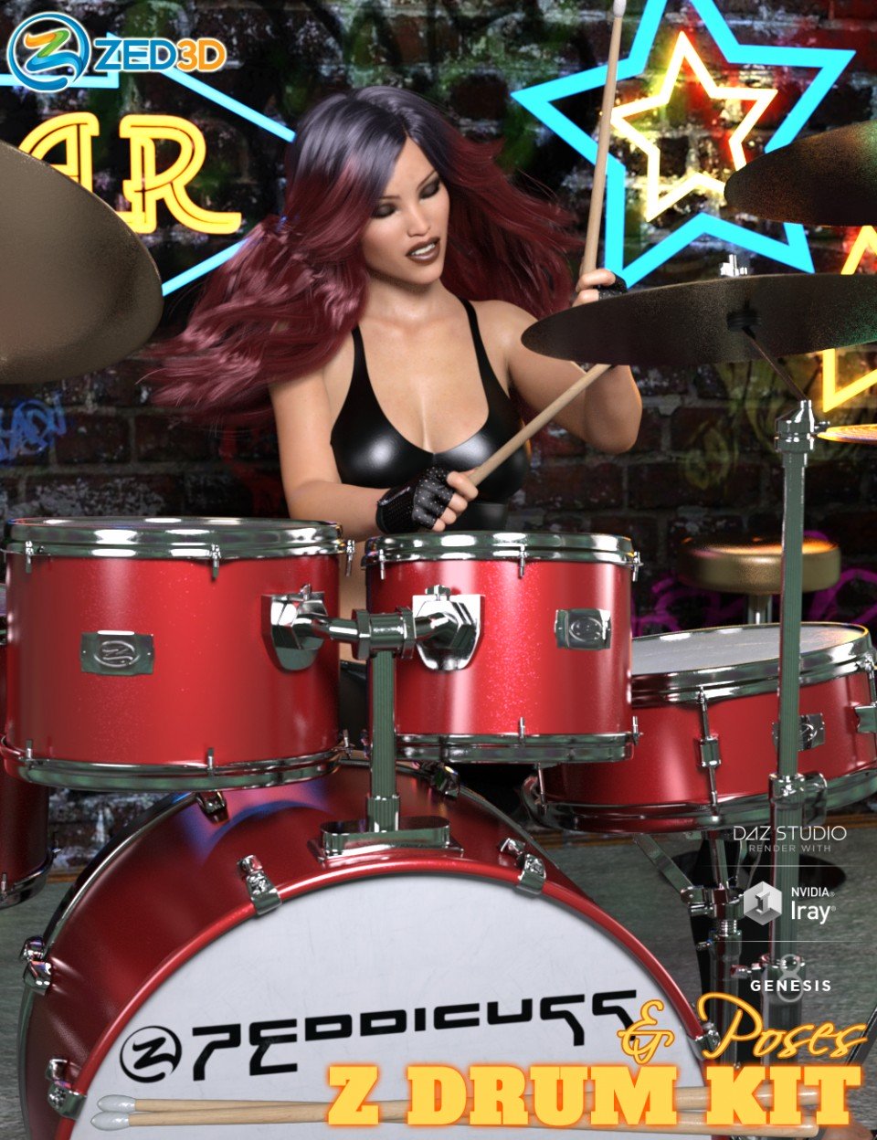 Z Drum Kit and Poses for Genesis 3 and 8_DAZ3DDL