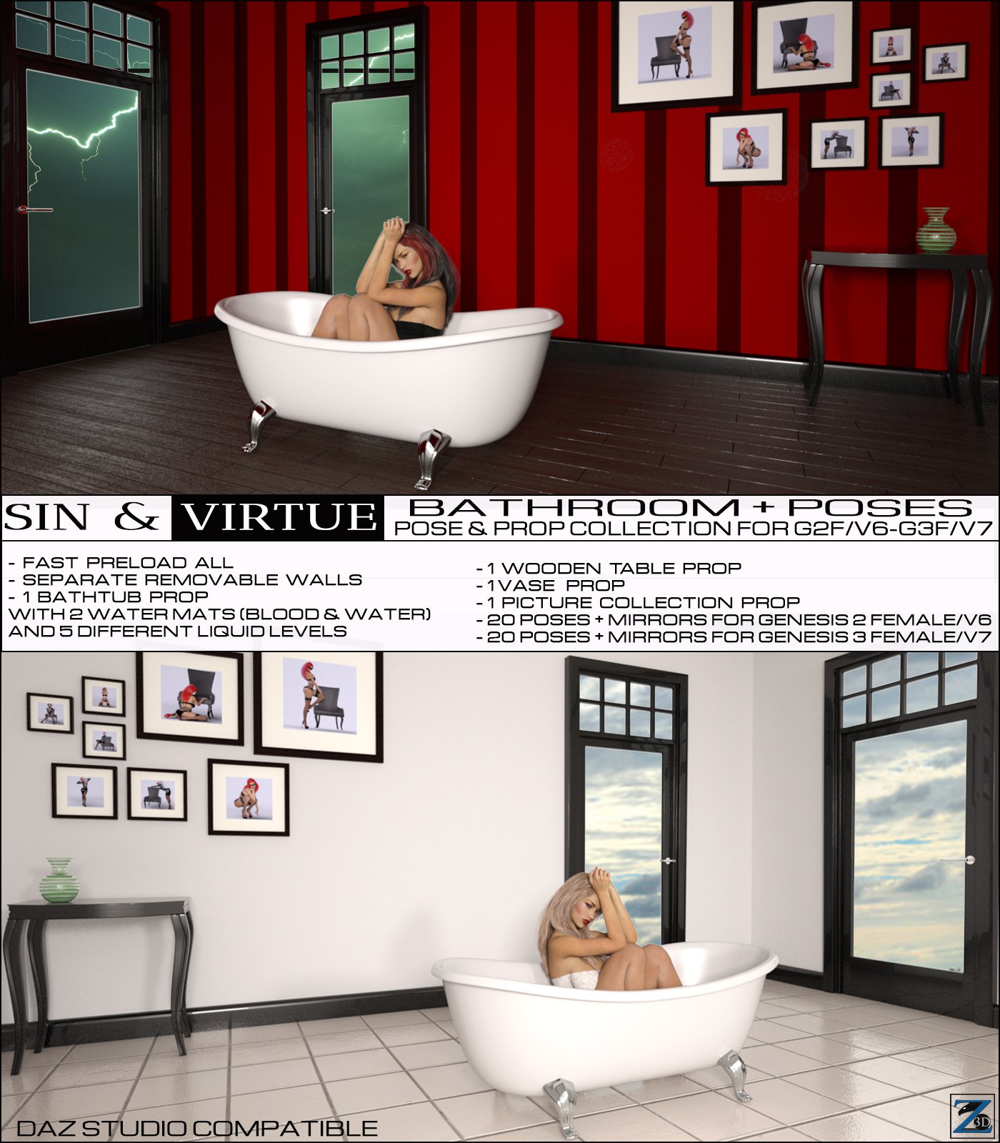 Z Sin & Virtue Bathroom + Poses_DAZ3D下载站