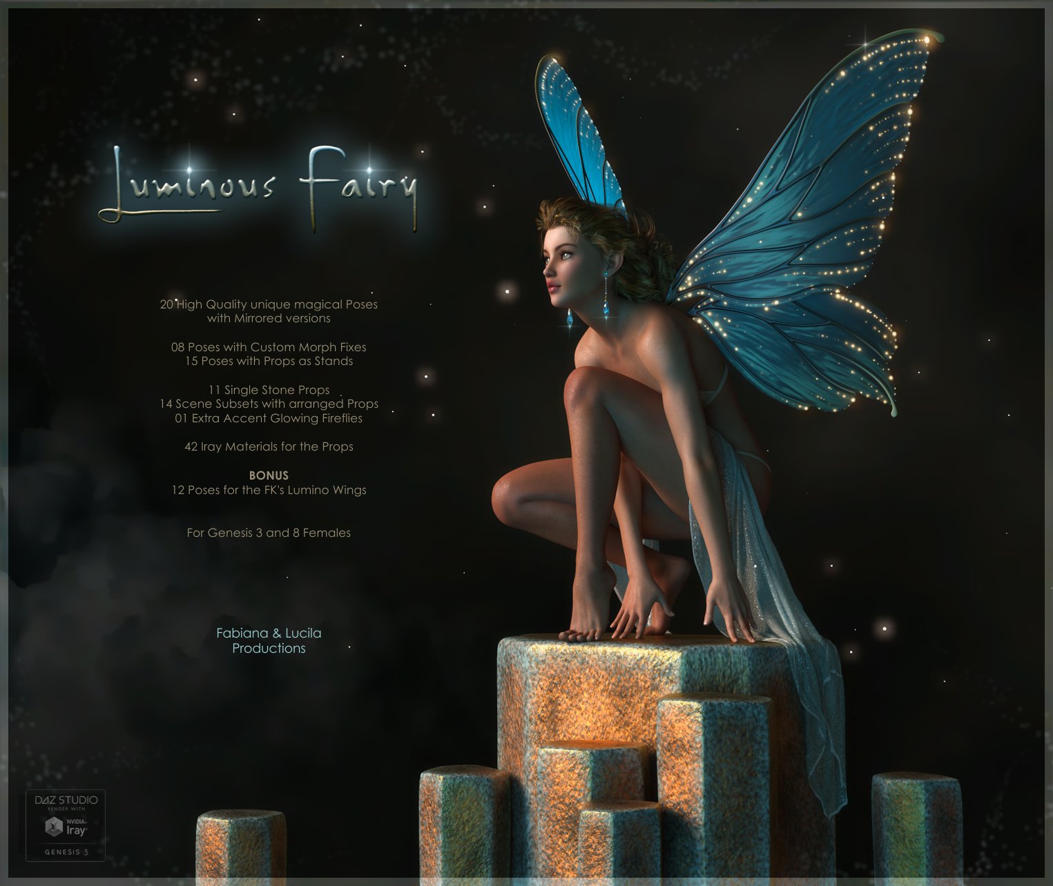 Luminous Fairy Poses and Props for G3F & G8F_DAZ3DDL