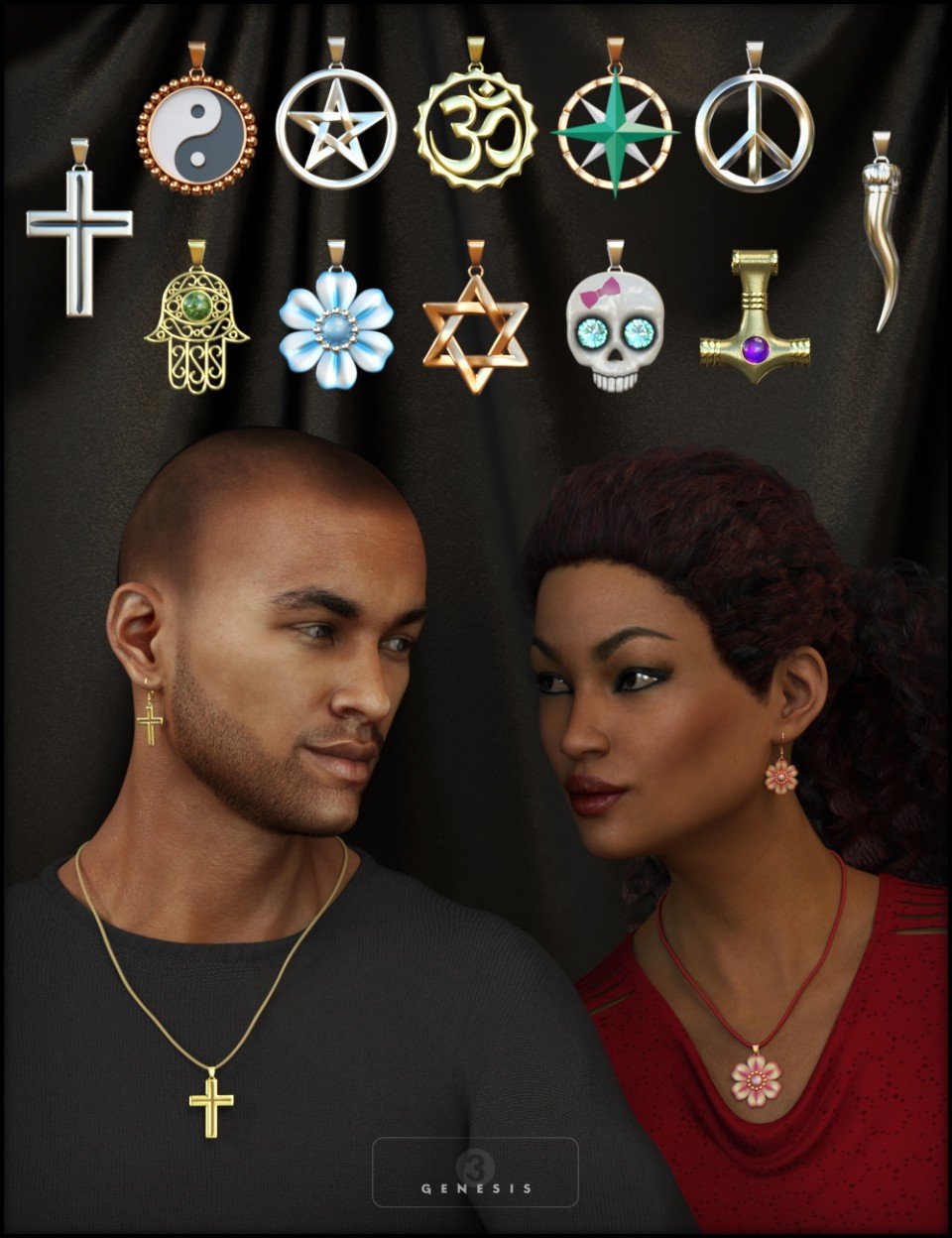 Necklace & Earring Collection for Genesis 3 Male(s) and Female(s)_DAZ3D下载站