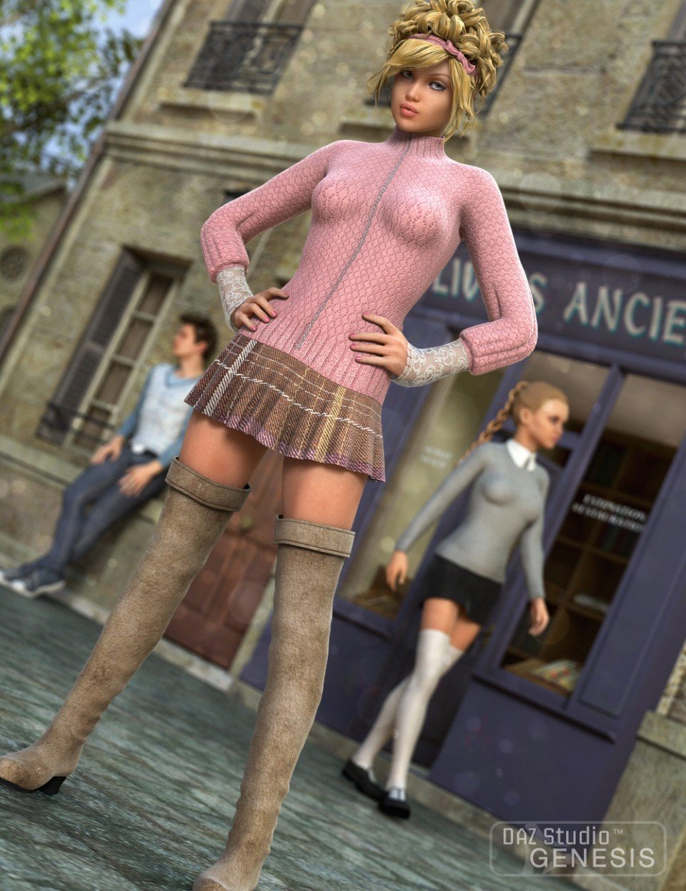 Puffy Sleeves with Thigh Boots Outfit + Textures for Genesis_DAZ3D下载站