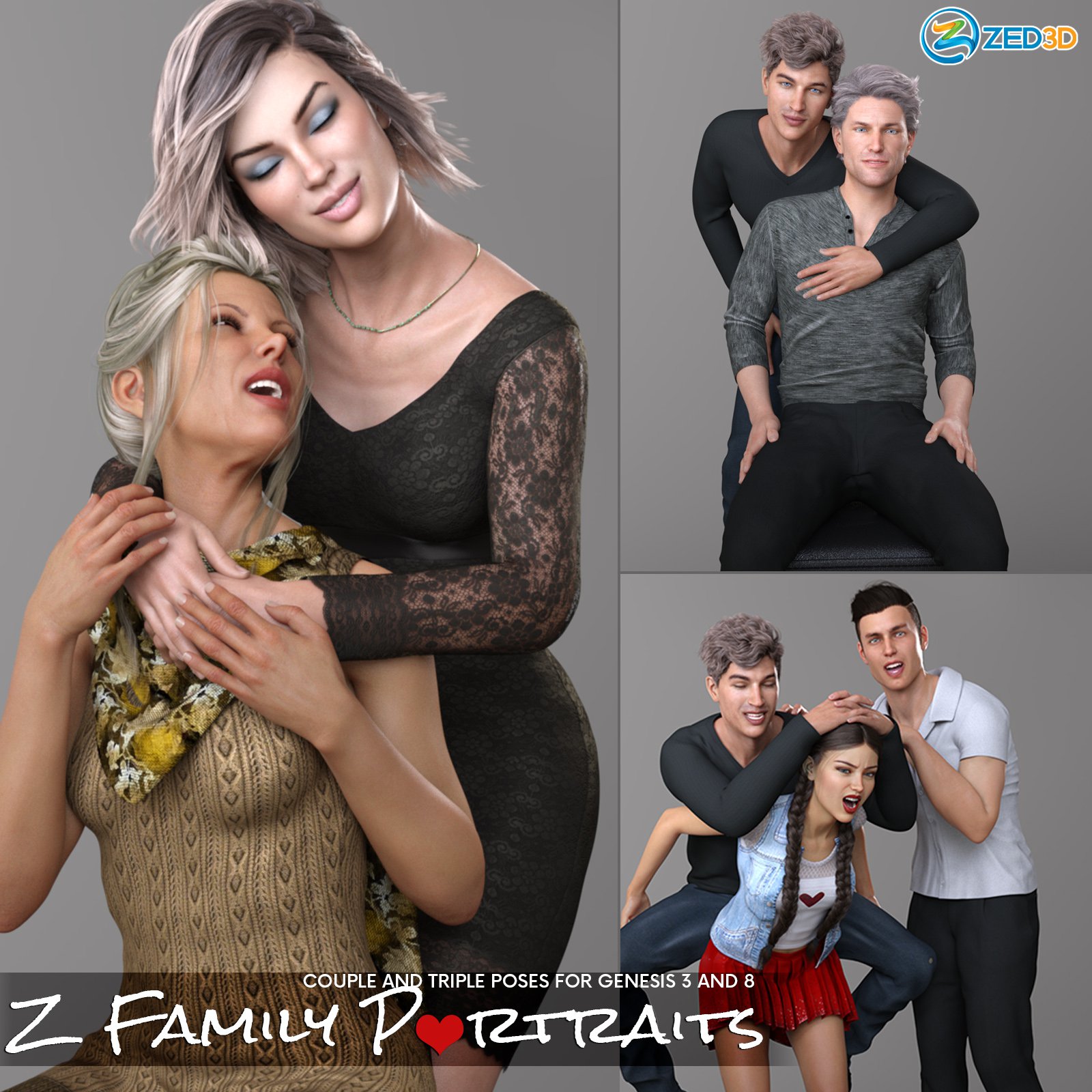 Z Family Portaits – Couple and Triple Poses for Genesis 3 and 8 Male and Female_DAZ3DDL