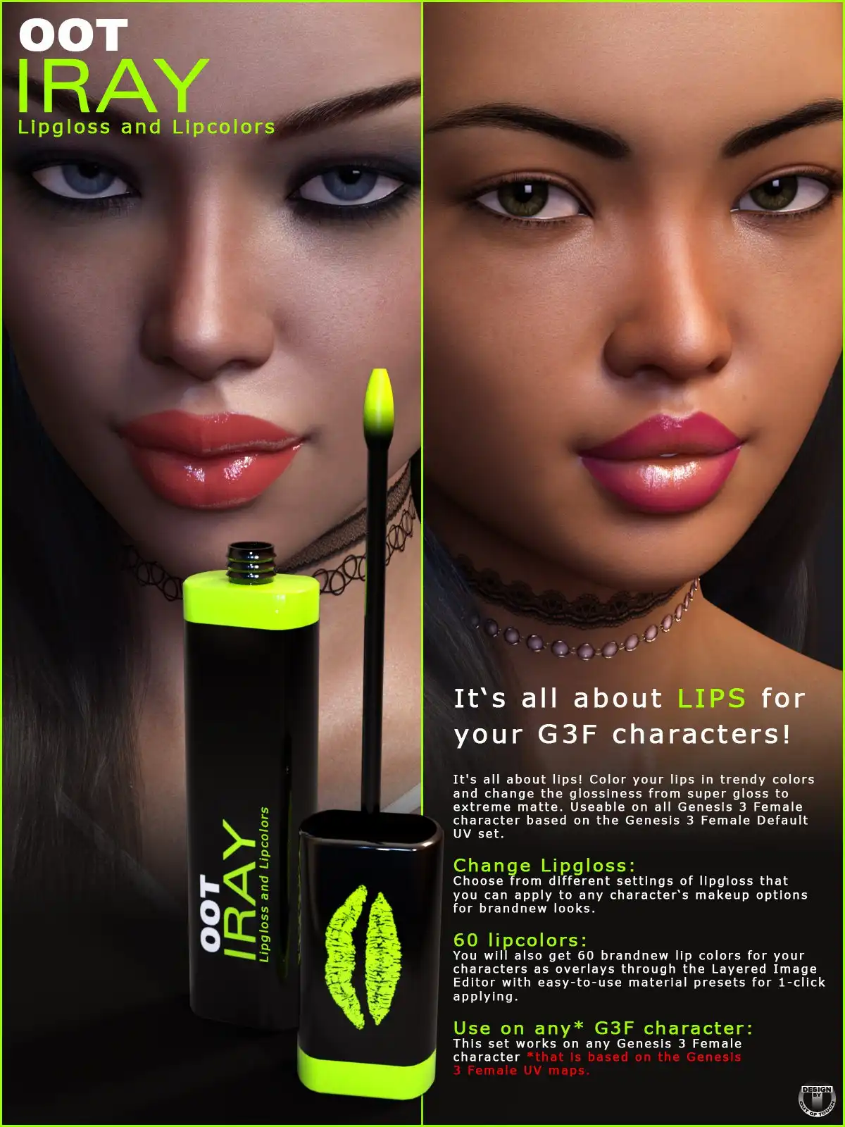 Iray Lipgloss and Lipcolors for Genesis 3 Female(s)_DAZ3D下载站