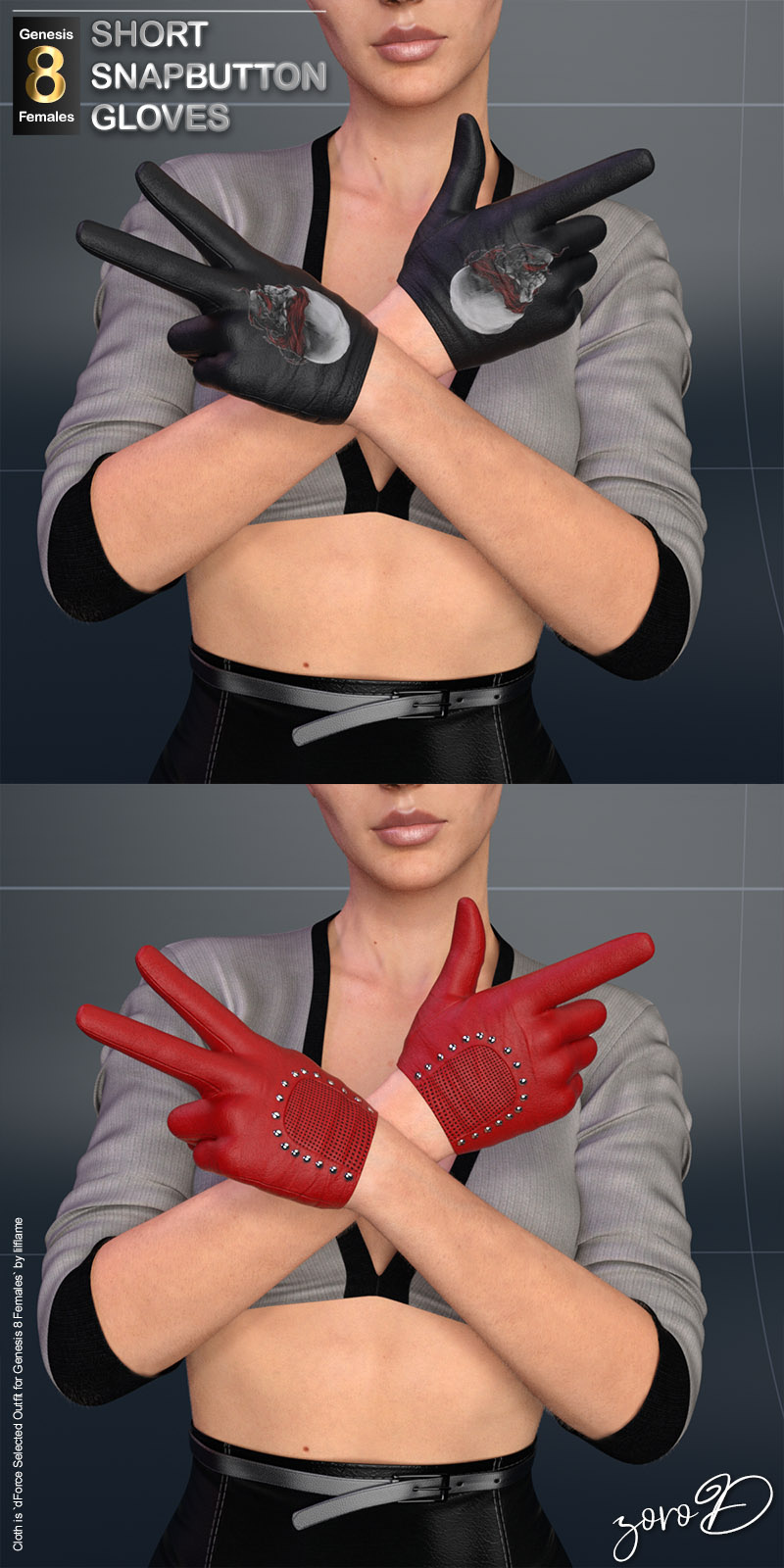 Short Snapbutton Gloves For Genesis 8 Females_DAZ3D下载站