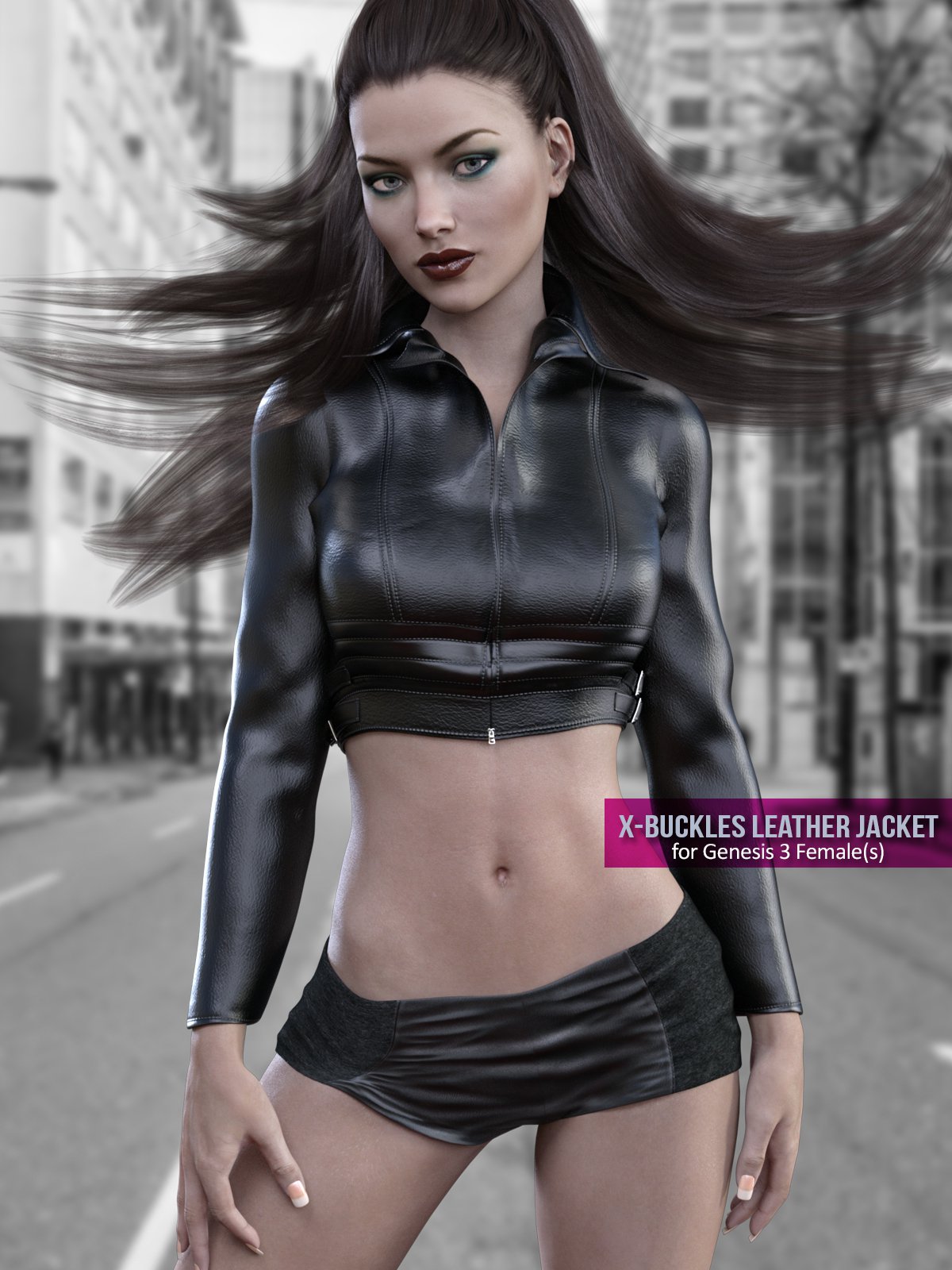 X-Fashion Buckles Jacket Outfit for Genesis 3 Females_DAZ3D下载站