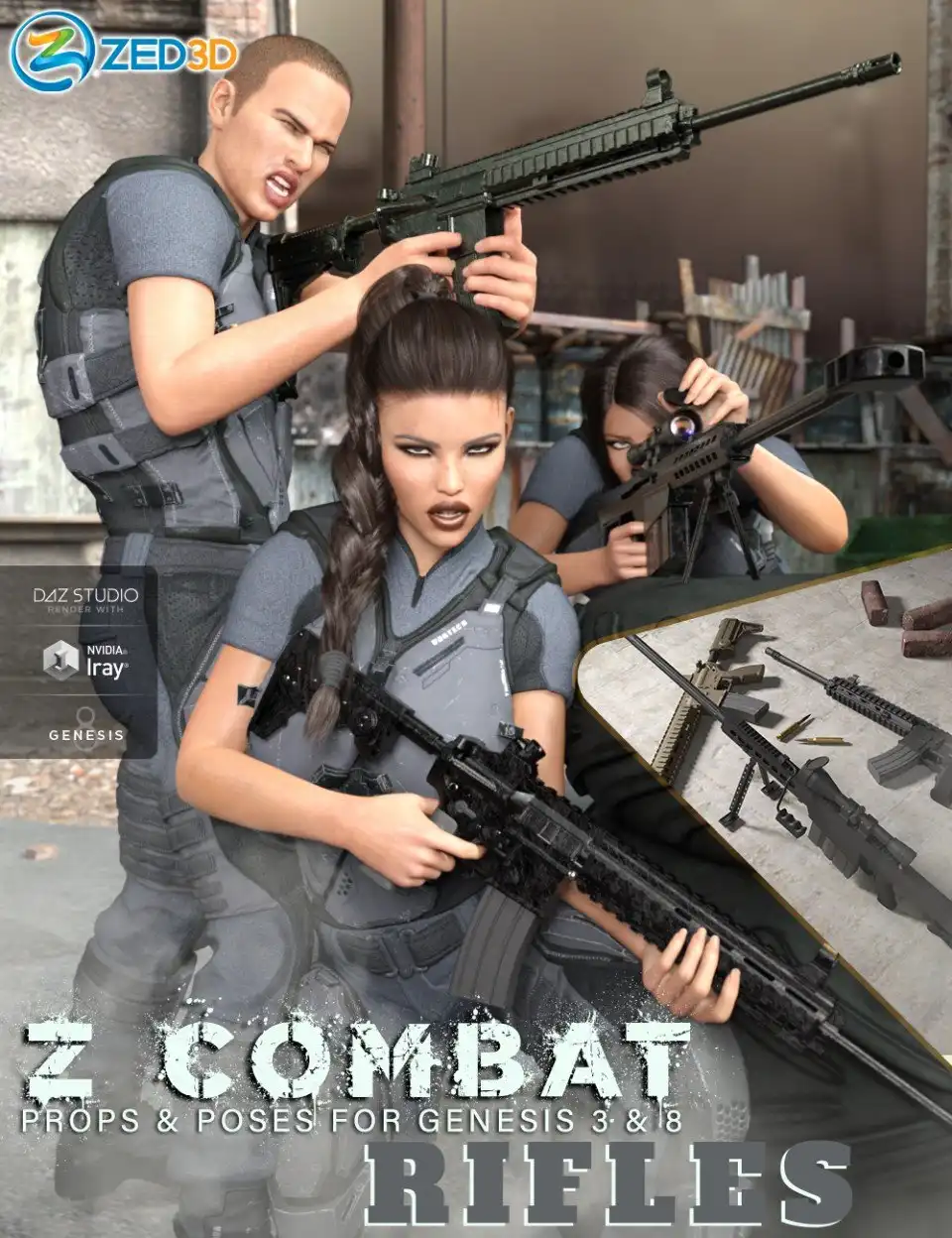 Z Combat Rifles and Poses for Genesis 3 and 8_DAZ3DDL