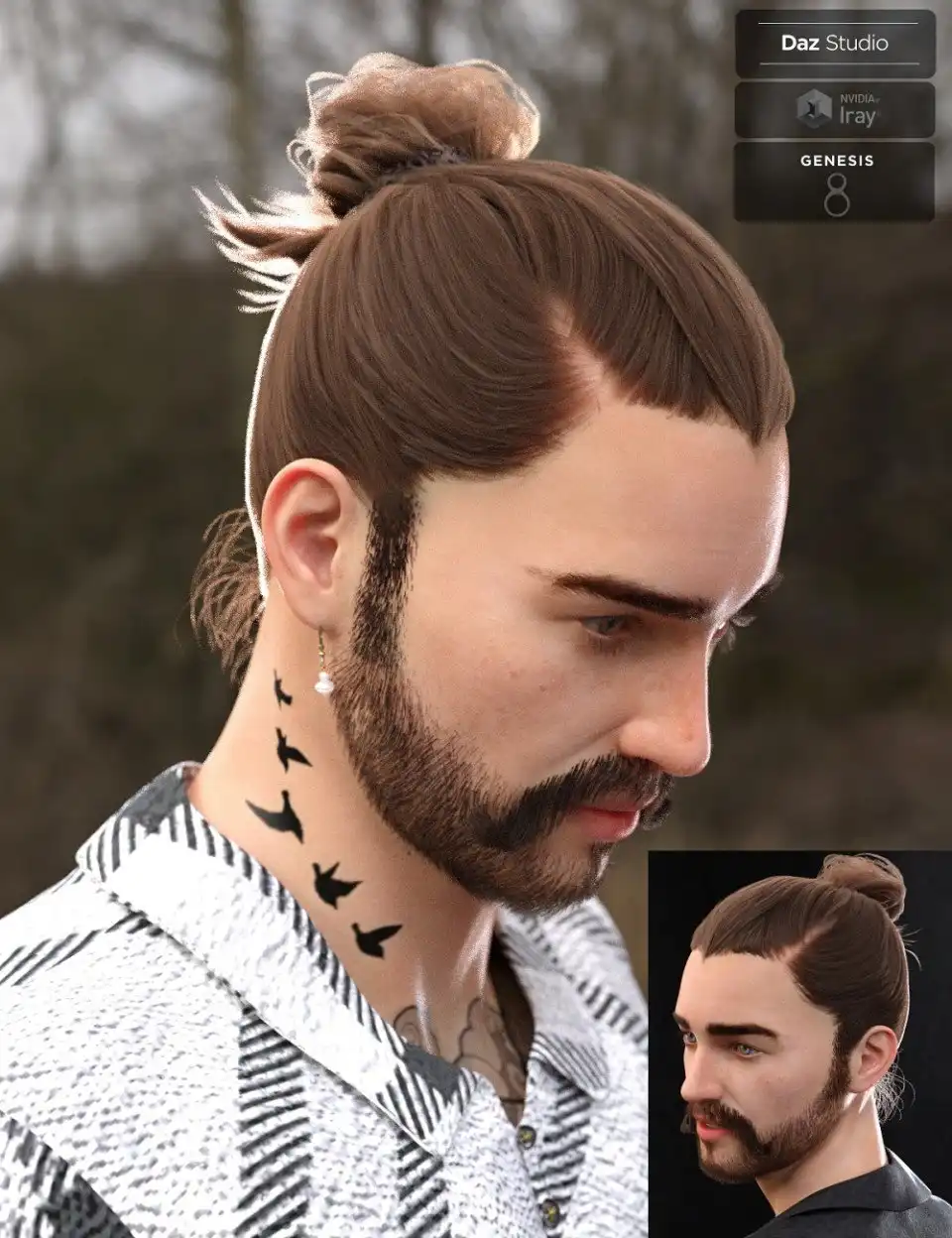 Yvanovich Bun Hair and Beard for Genesis 8 Male(s)_DAZ3D下载站