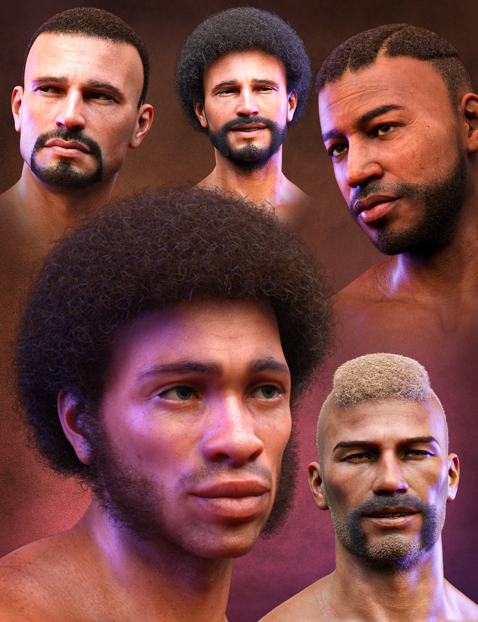 Curly Hair and Facial Hair for Genesis 8 Males_DAZ3D下载站