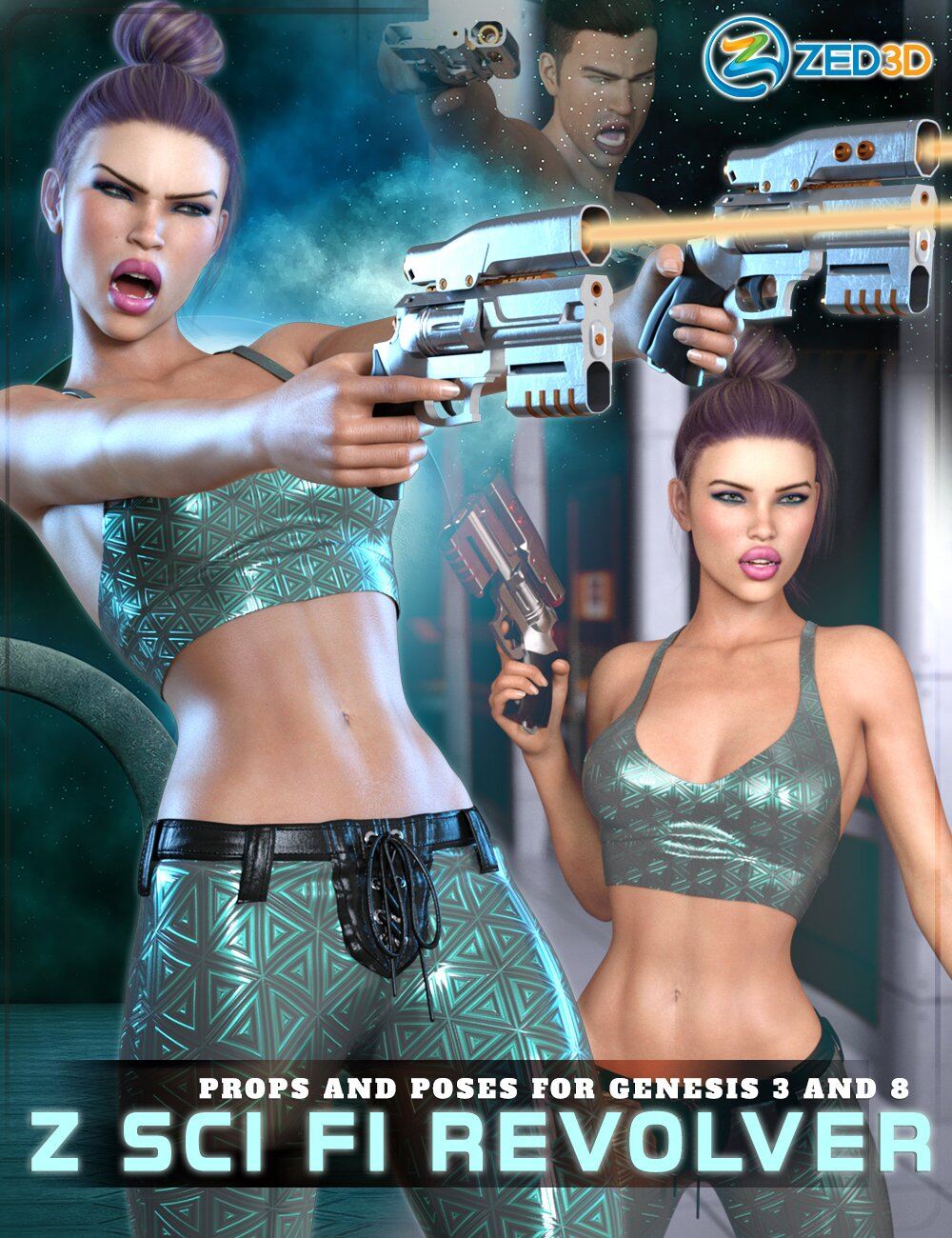 Z Sci Fi Revolver and Poses for Genesis 3 and 8_DAZ3DDL