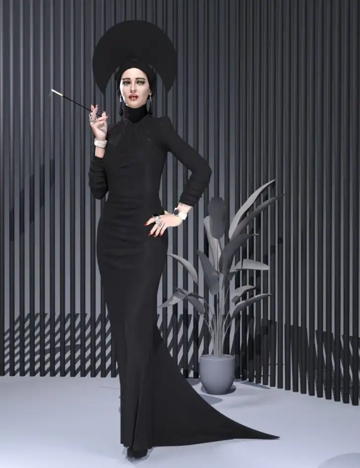 dForce Black Long Dress Outfit for Genesis 8.1 Female Bundle_DAZ3D下载站