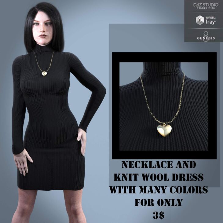Knit Wool Dress & Necklace_DAZ3D下载站