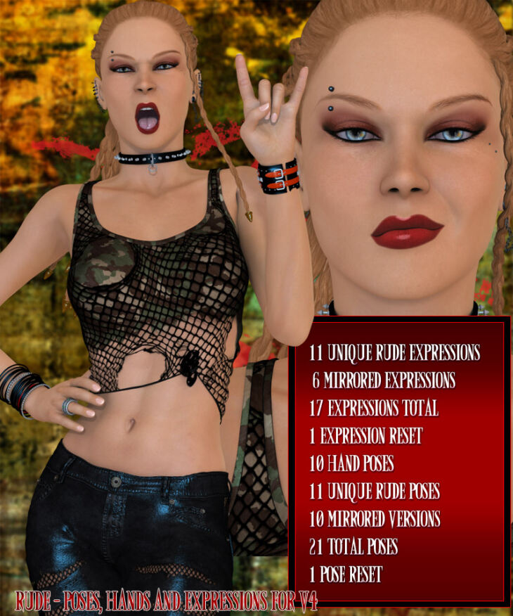 Rude – Poses, Expressions and Hands for V4_DAZ3DDL
