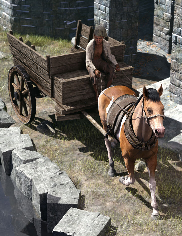 Rustic Cart and Yoke for Daz Horse 3_DAZ3D下载站