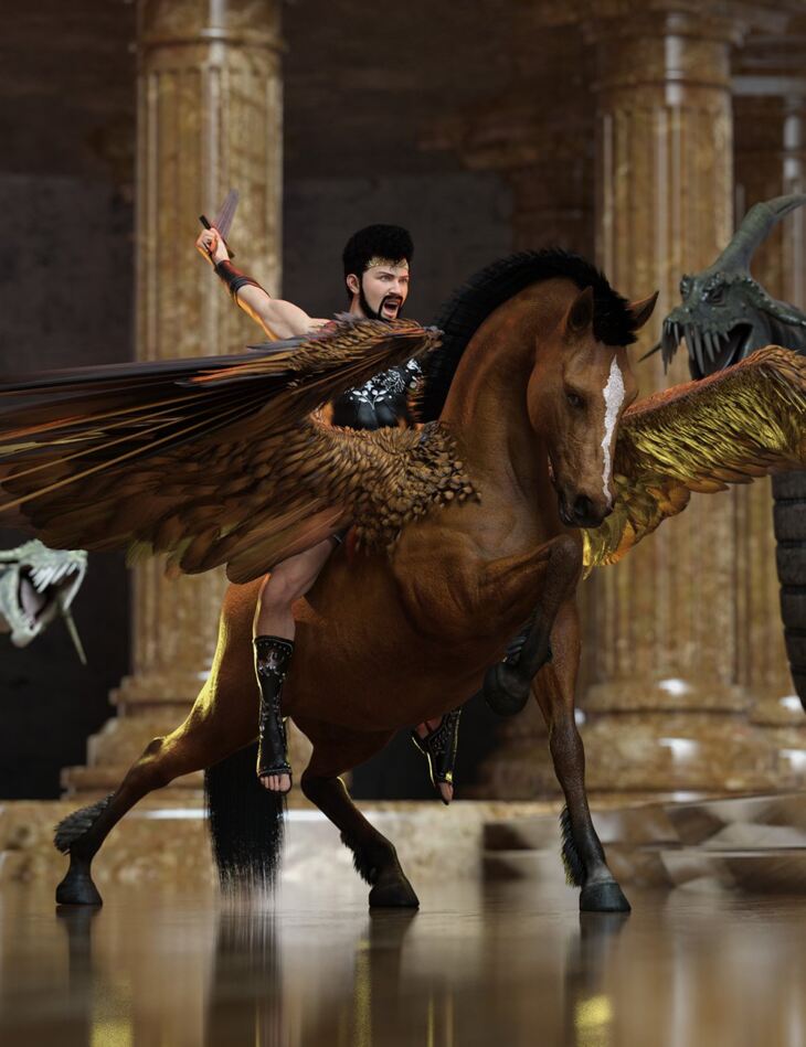 Pegasus Rider Hierarchical Poses for Horse 3, Pegasus Wings and Genesis 9 Base_DAZ3DDL