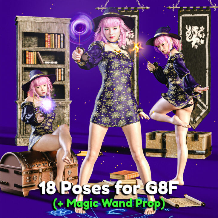 18 Sexy Magic Poses for G8F + Magic Wand Prop_DAZ3DDL