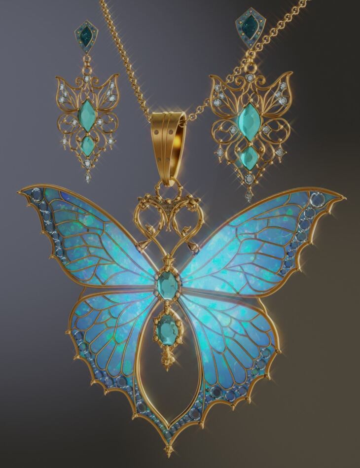 Butterfly Pendant and Earrings for Genesis 9 and 8_DAZ3D下载站