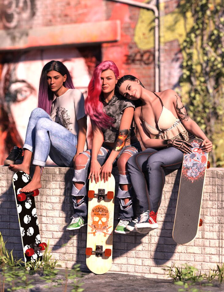 Wyld Chyld: Skater Poses with Skateboard for Genesis 9 Feminine_DAZ3D下载站