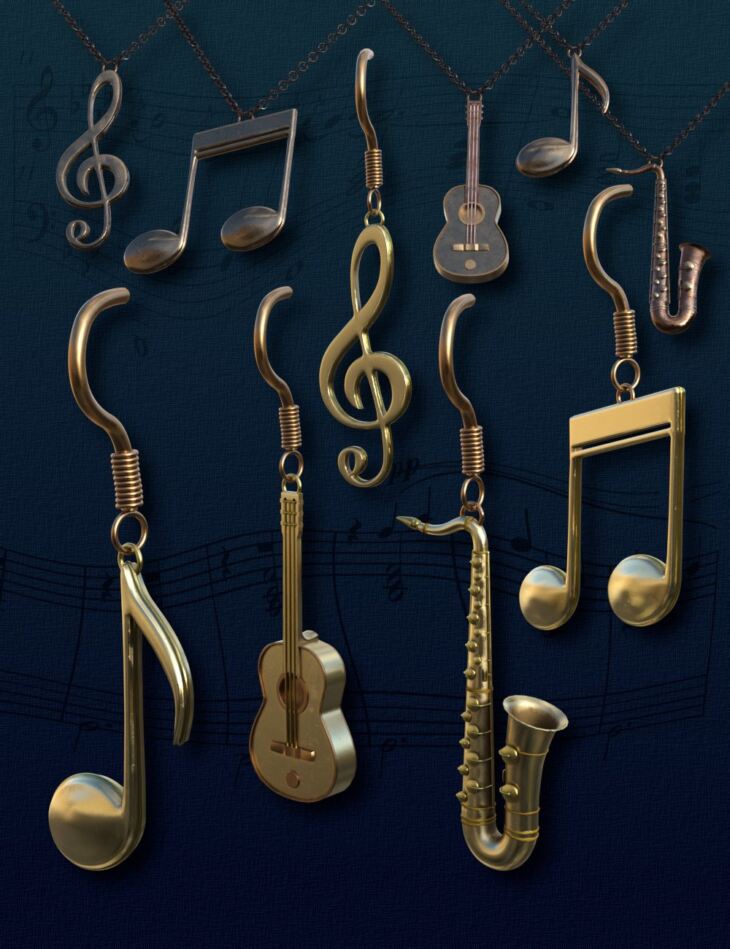 Musical Pendants and Earrings for Genesis 9 and 8 Female_DAZ3D下载站