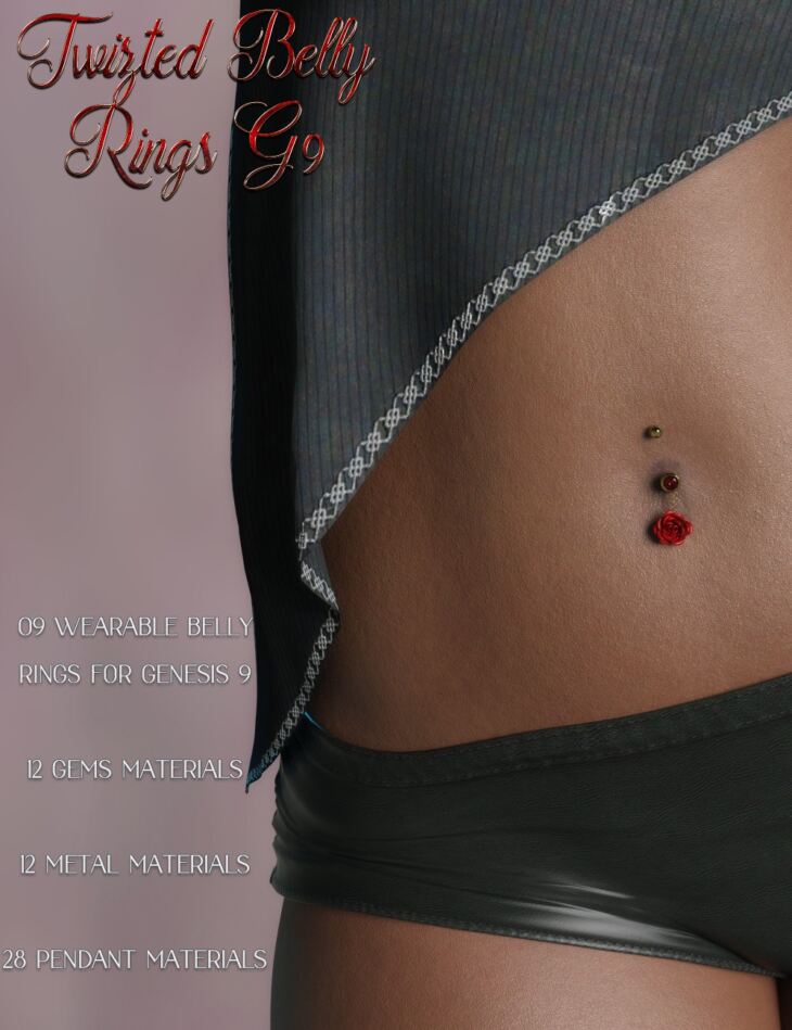 Twizted Belly Rings for Genesis 9_DAZ3D下载站