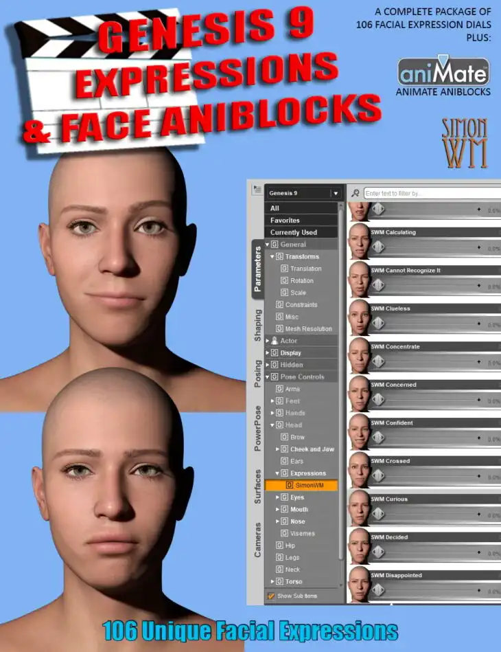 Expressions and Face aniBlocks for Genesis 9_DAZ3DDL