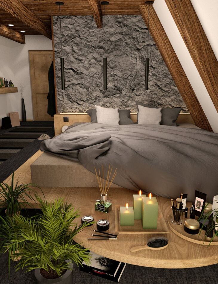 Scandinavian Style A-Frame House AddOn: Bedroom and Bathroom_DAZ3DDL