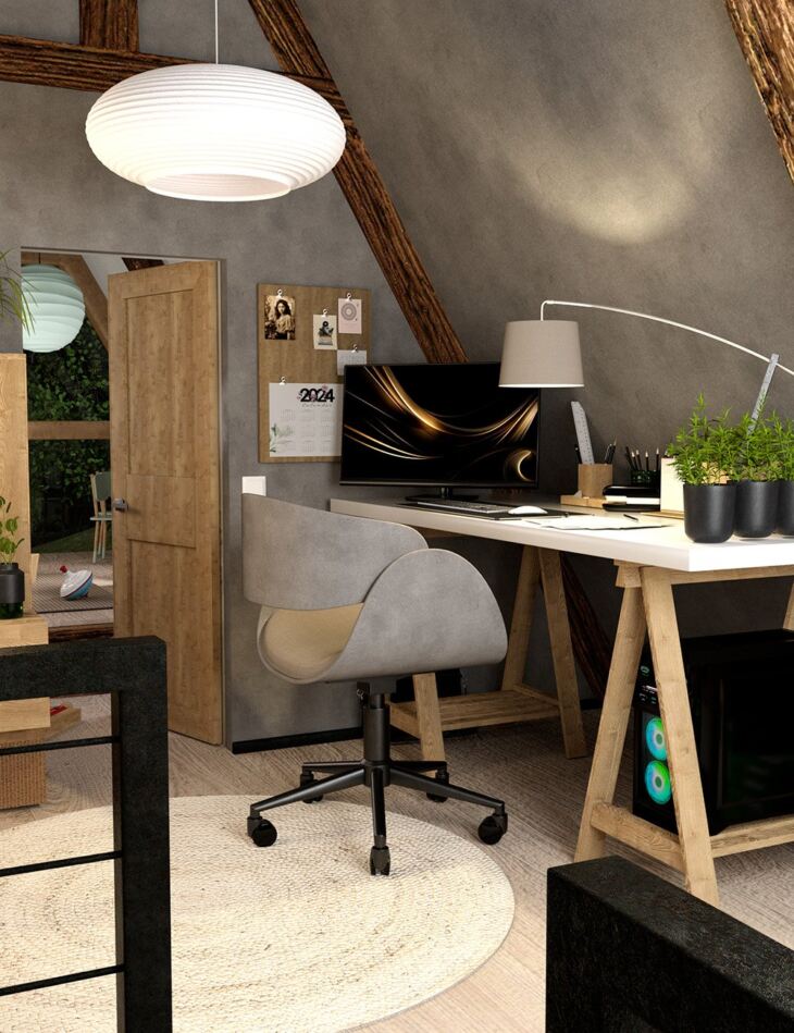 Scandinavian Style A-Frame House AddOn: Office and Child Room_DAZ3DDL