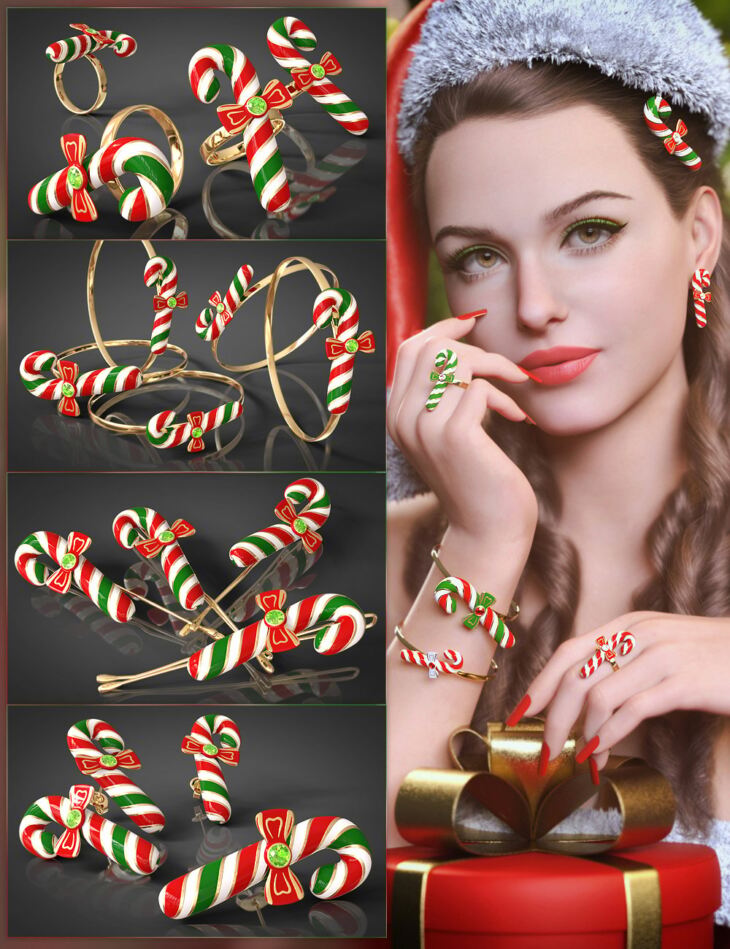 VRV Candy Cane Jewelry for Genesis 9, 8.1, and 8 Females_DAZ3D下载站