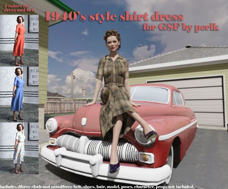 Free 1940”s Style Shirt Dress for G8F_DAZ3D下载站