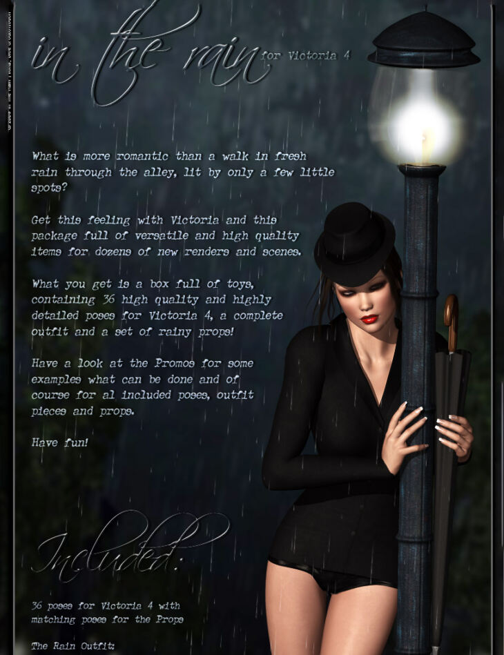 In The Rain: Poses, Oufit and Props for V4_DAZ3D下载站