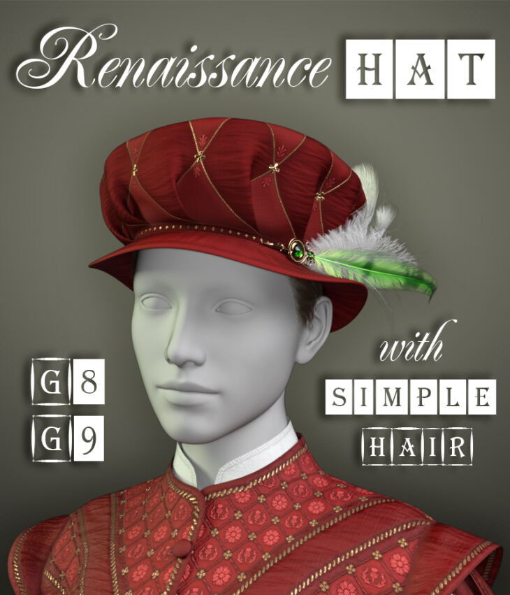 Renaissance Hat and Simple Parting Hair for G8M, G8F and G9_DAZ3DDL