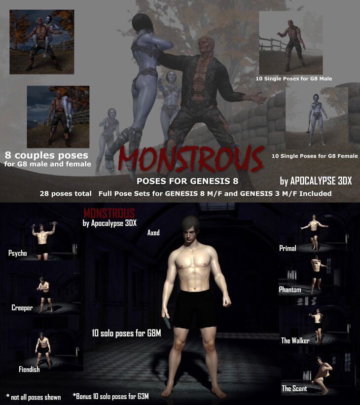 Monstrous Poses for Genesis 8 Male & Female_DAZ3DDL