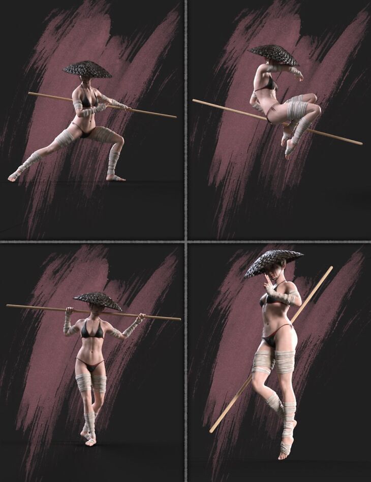 KuJ Long Stick Martial Arts Poses for Genesis 9_DAZ3DDL