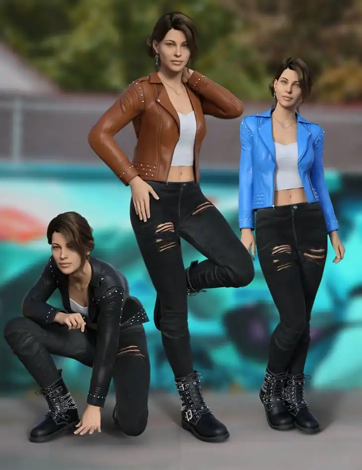 Cool Girl Leather Outfit for Genesis 9, 8.1, and 8 Female_DAZ3D下载站