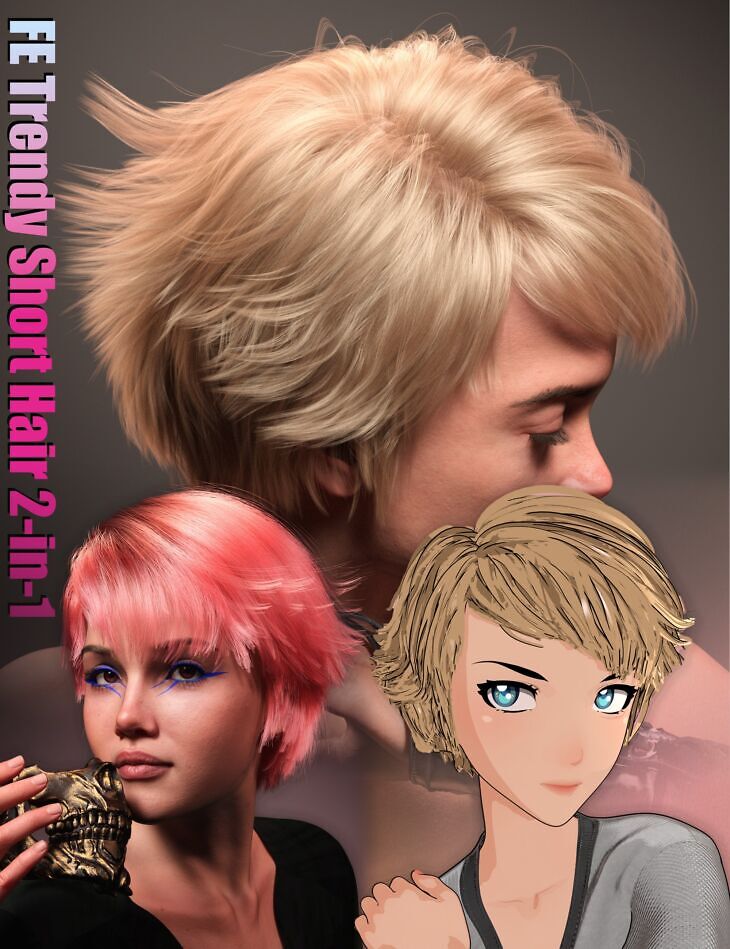 FE 2-in-1 Trendy Short Hair Bundle for Genesis 9_DAZ3DDL